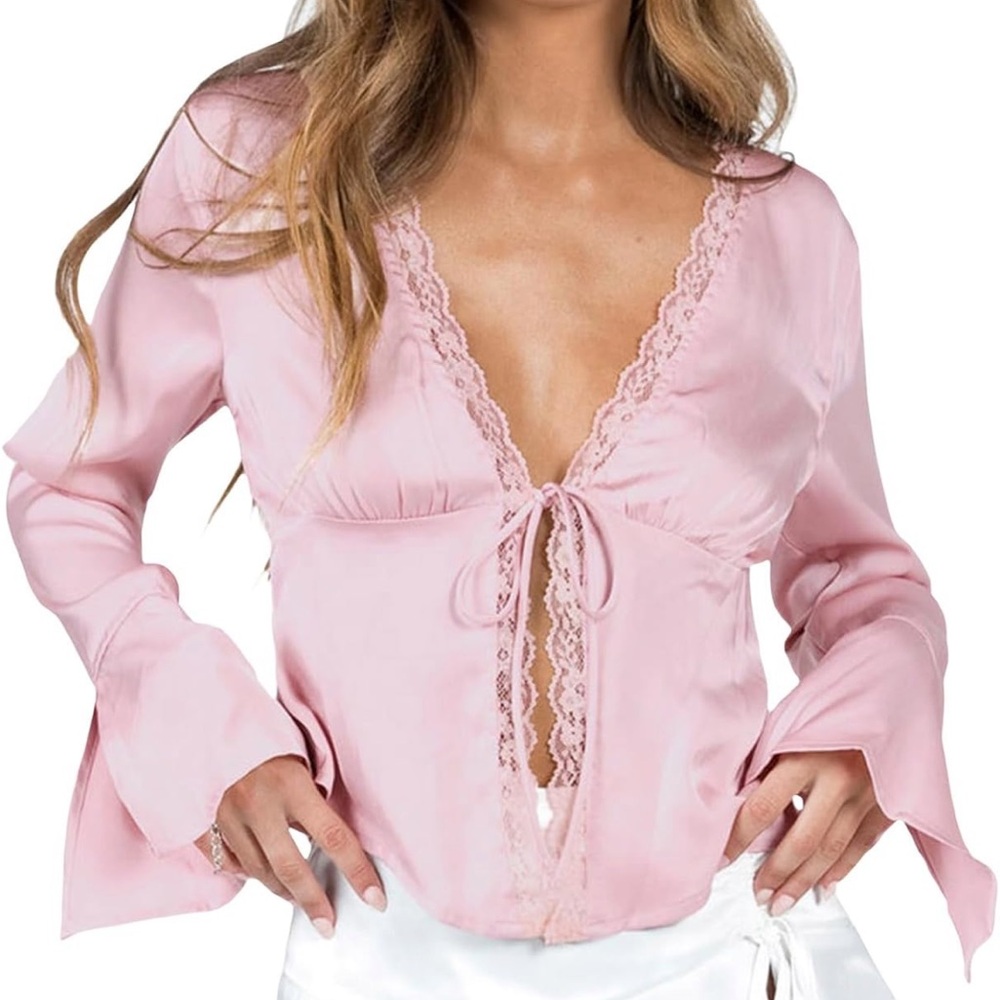 pink lacy tie top